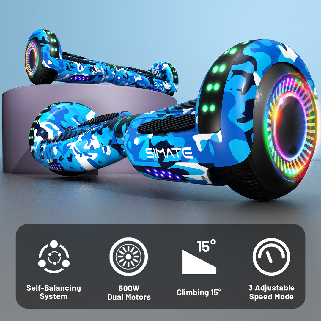 Apato Bluetooth Hoverboard 6.5'' 7.3 Mph | 7.5 Miles Range | Blue Camo for kids