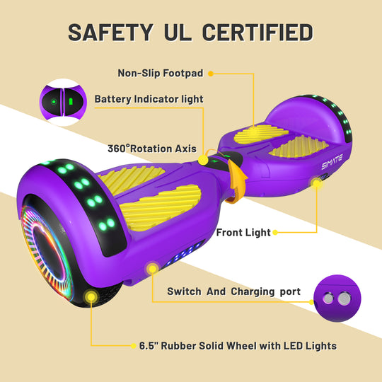 Apato Bluetooth Hoverboard 6.5'' 7.3 Mph | 7.5 Miles Range | Purple Yellow for kids
