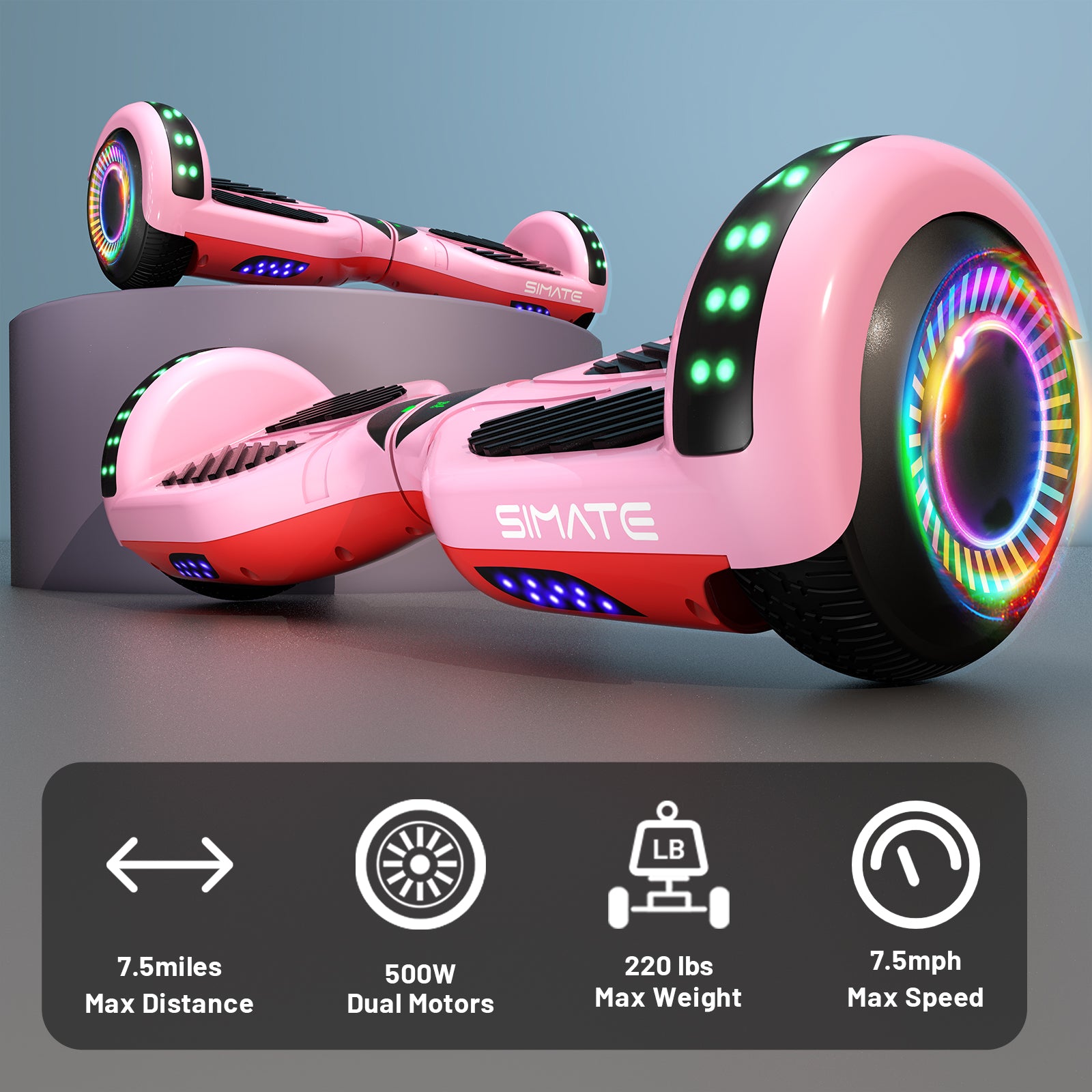 SIMATE Hoverboard 6.5" Self Balancing Electric 7.5MPH Top Speed 8 Mile Range Hover Board with Bluetooth Speakers and LED Lights for Kids Adults Girls Boys Gifts
