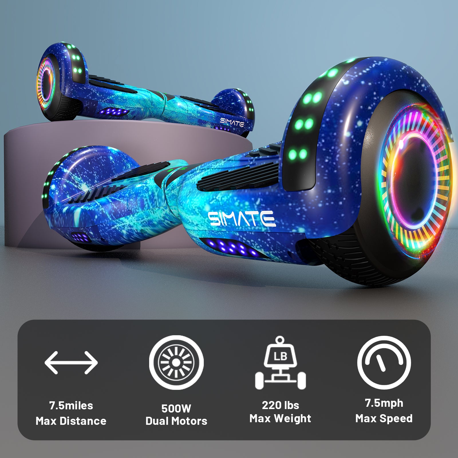 SIMATE Hoverboard 6.5" Self Balancing Electric 7.5MPH Top Speed 8 Mile Range Hover Board with Bluetooth Speakers and LED Lights for Kids Adults Girls Boys Gifts