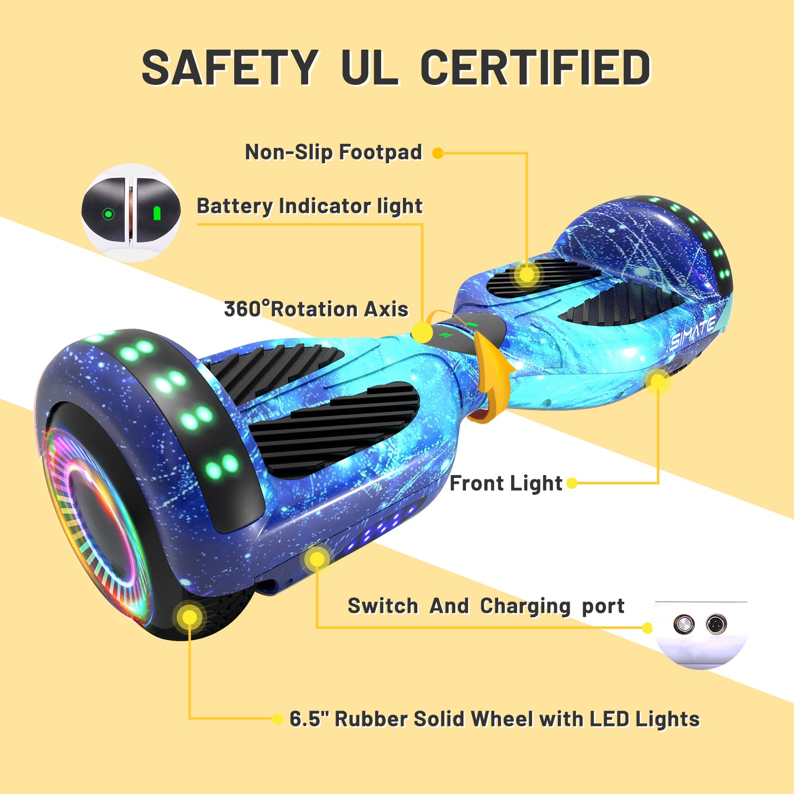 SIMATE Hoverboard 6.5" Self Balancing Electric 7.5MPH Top Speed 8 Mile Range Hover Board with Bluetooth Speakers and LED Lights for Kids Adults Girls Boys Gifts