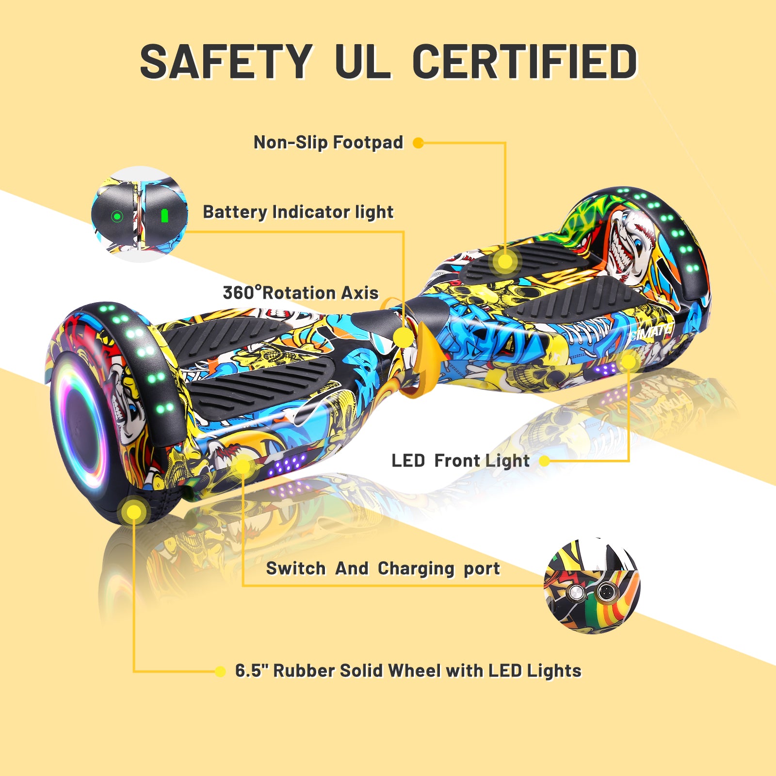 SIMATE Hoverboard 6.5" Self Balancing Electric 7.5MPH Top Speed 8 Mile Range Hover Board with Bluetooth Speakers and LED Lights for Kids Adults Girls Boys Gifts