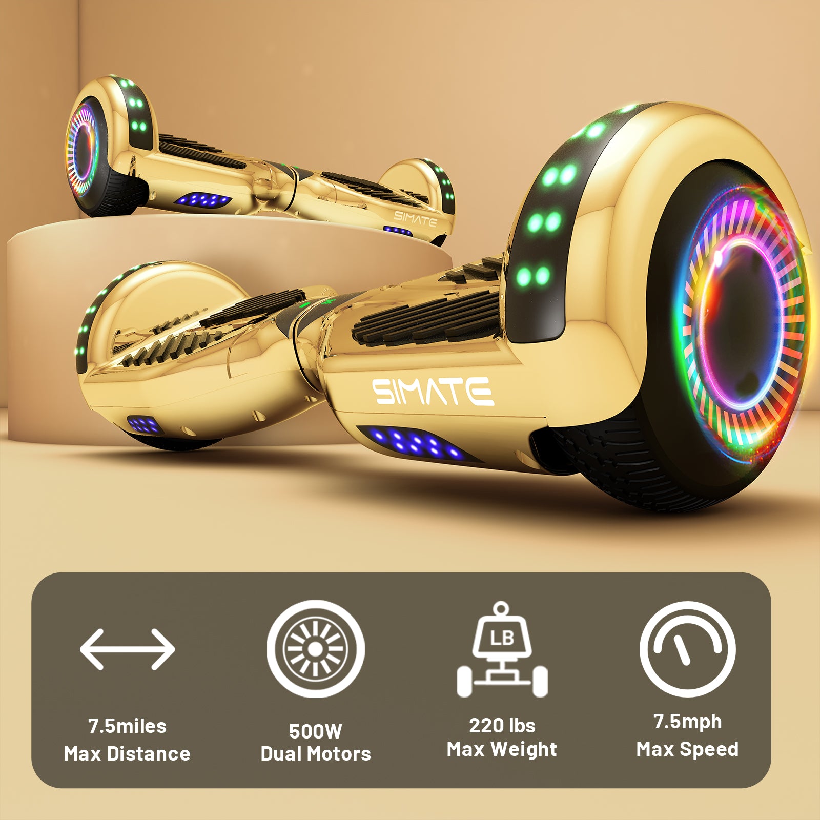 SIMATE Hoverboard 6.5" Self Balancing Electric 7.5MPH Top Speed 8 Mile Range Hover Board with Bluetooth Speakers and LED Lights for Kids Adults Girls Boys Gifts