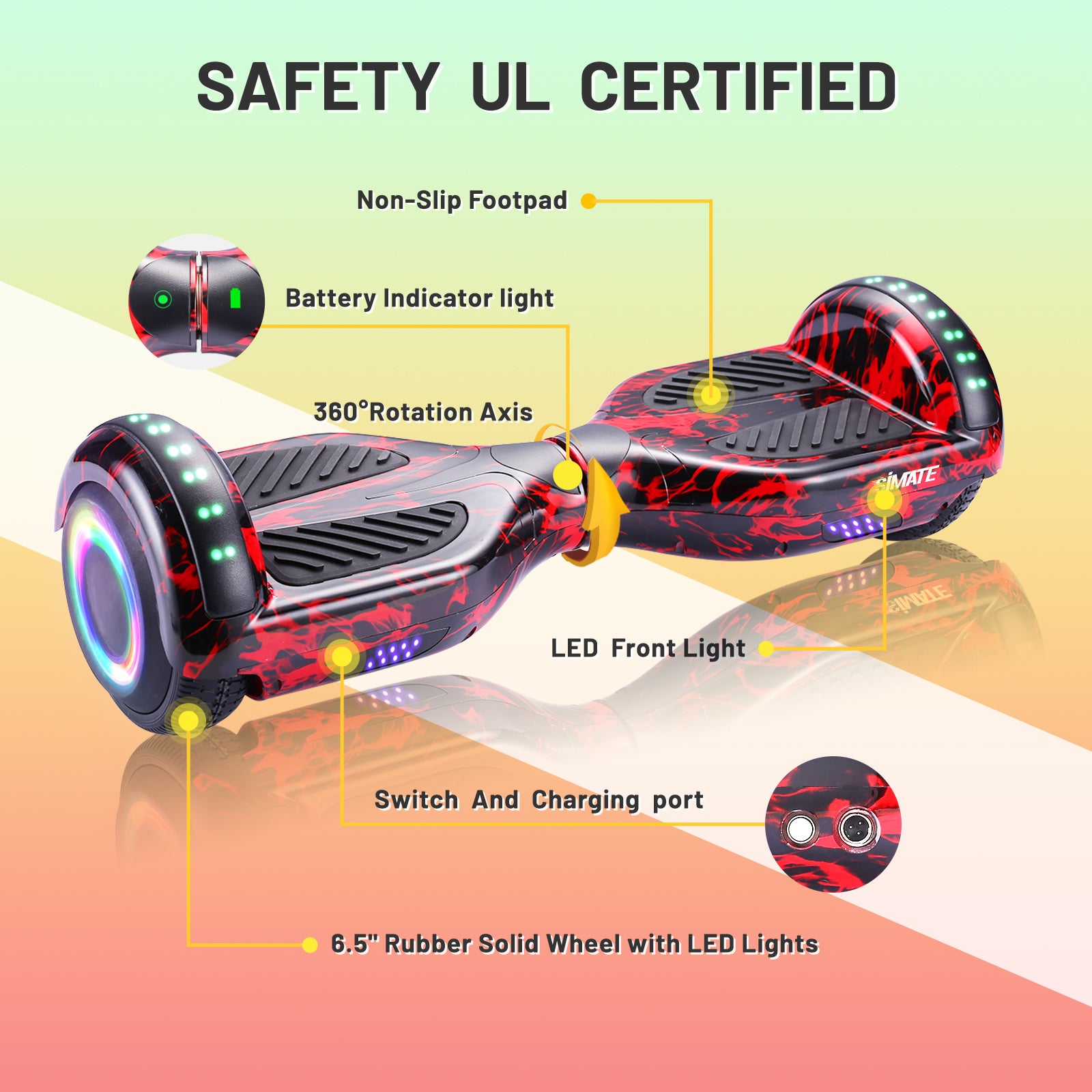 SIMATE Hoverboard 6.5" Self Balancing Electric 7.5MPH Top Speed 8 Mile Range Hover Board with Bluetooth Speakers and LED Lights for Kids Adults Girls Boys Gifts