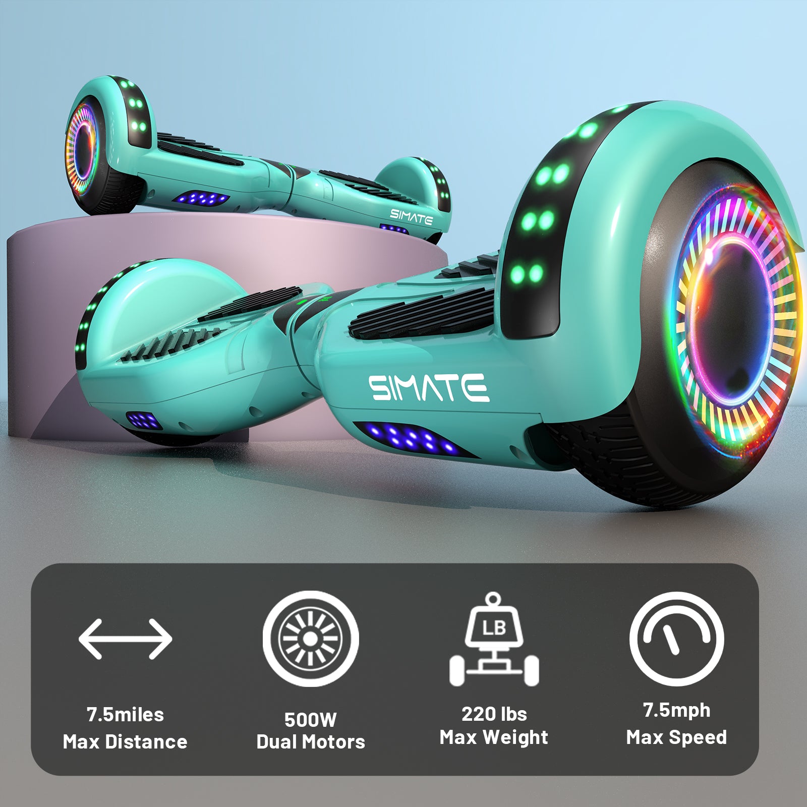SIMATE Hoverboard 6.5" Self Balancing Electric 7.5MPH Top Speed 8 Mile Range Hover Board with Bluetooth Speakers and LED Lights for Kids Adults Girls Boys Gifts