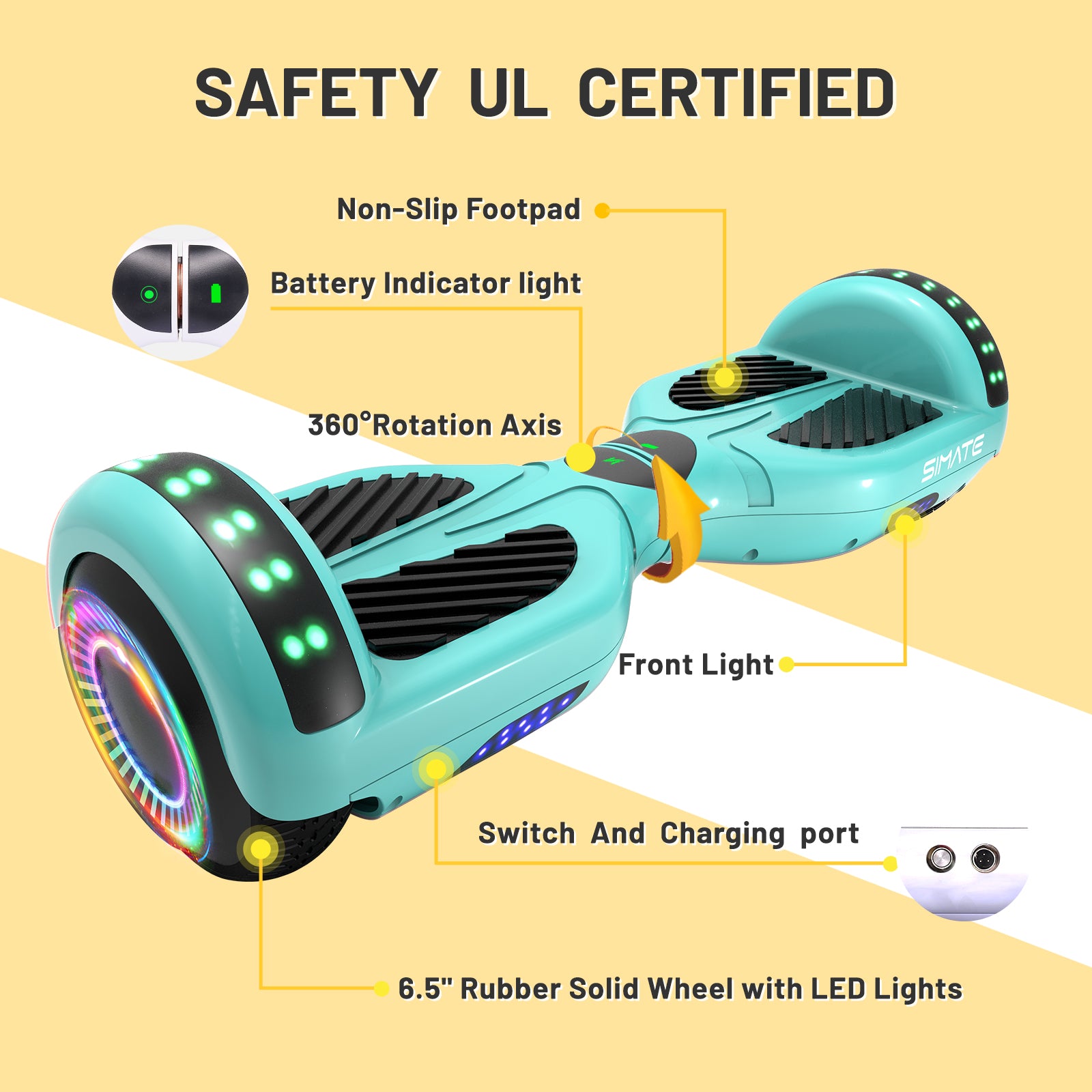 SIMATE Hoverboard 6.5" Self Balancing Electric 7.5MPH Top Speed 8 Mile Range Hover Board with Bluetooth Speakers and LED Lights for Kids Adults Girls Boys Gifts