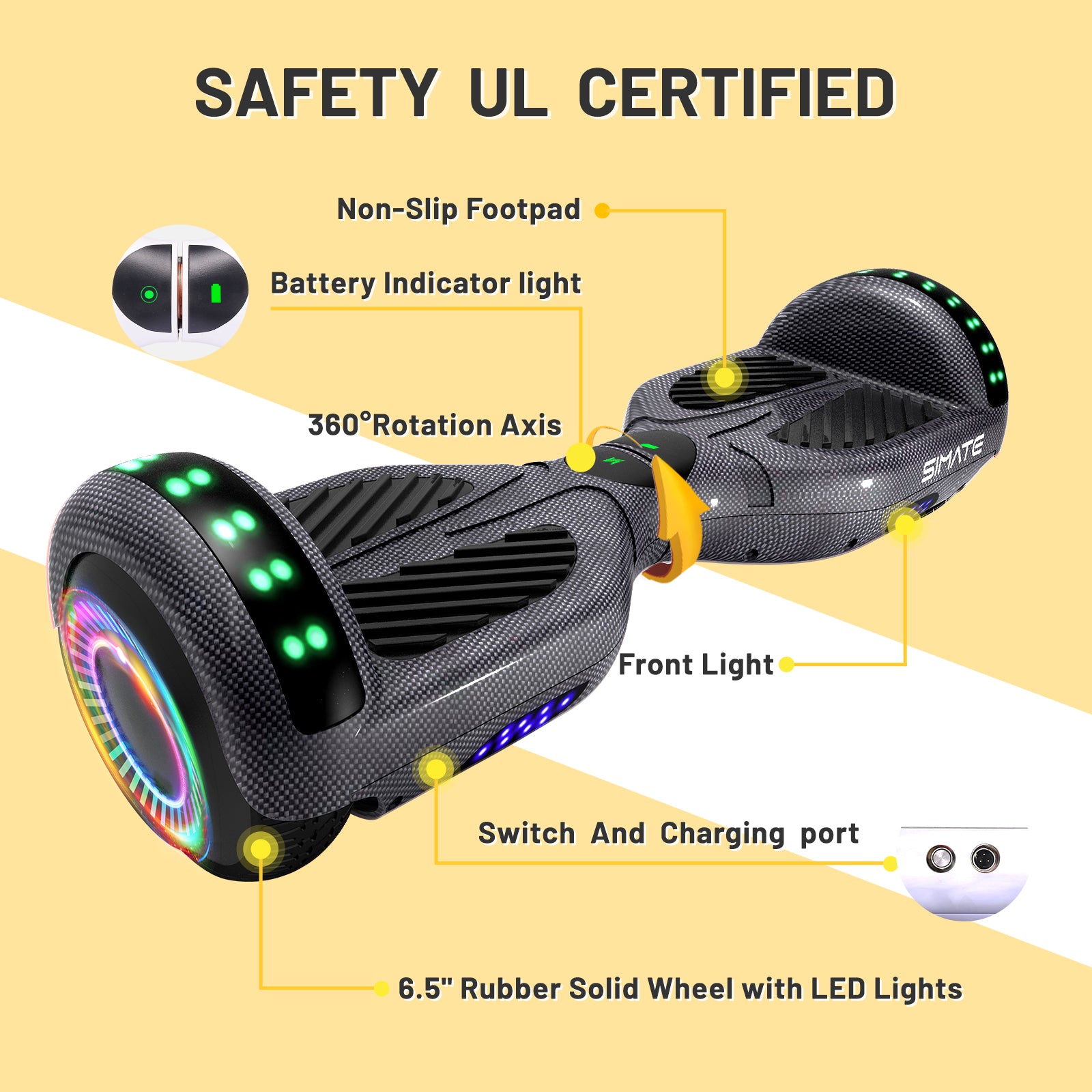 SIMATE Hoverboard 6.5" Self Balancing Electric 7.5MPH Top Speed 8 Mile Range Hover Board with Bluetooth Speakers and LED Lights for Kids Adults Girls Boys Gifts