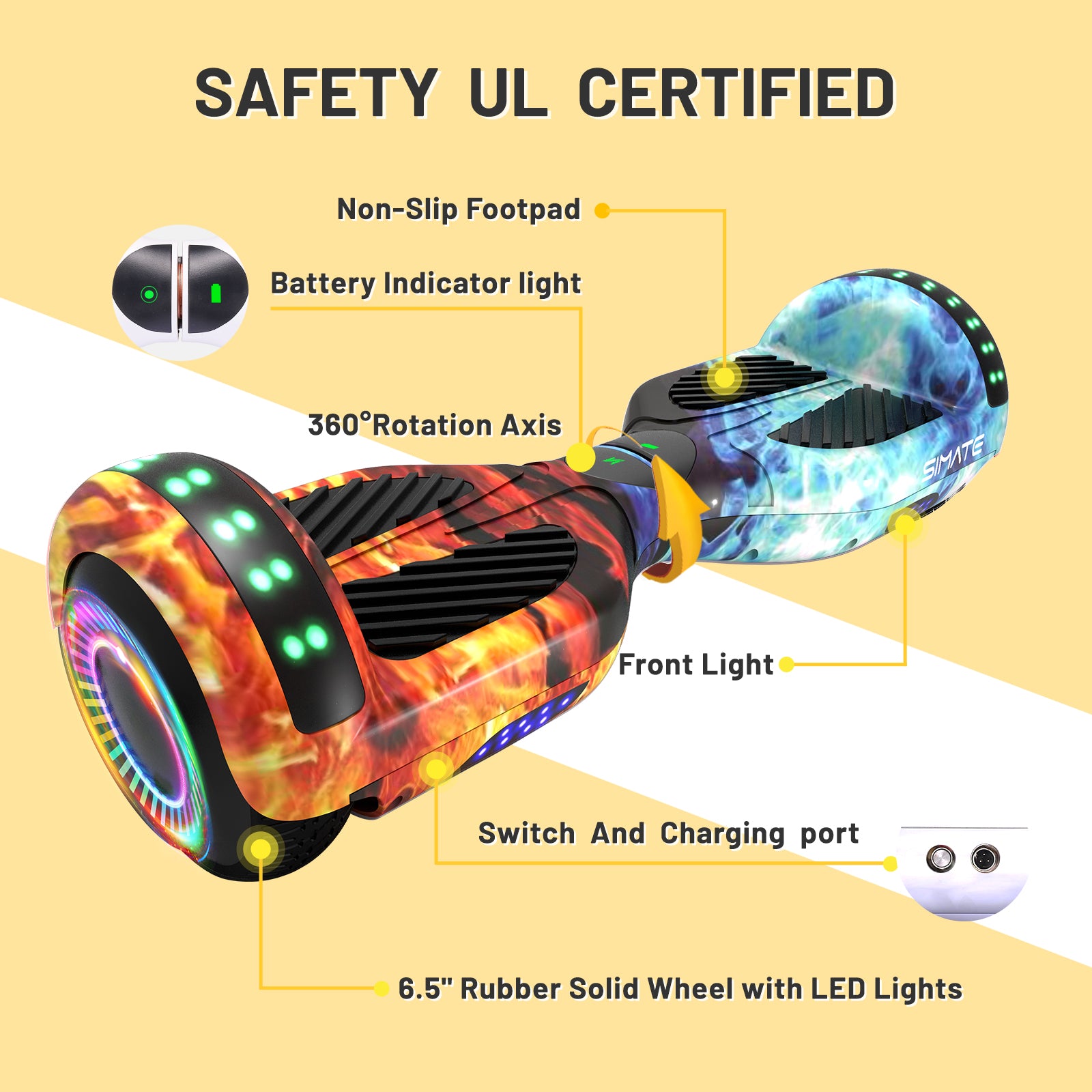 SIMATE Hoverboard 6.5" Self Balancing Electric 7.5MPH Top Speed 8 Mile Range Hover Board with Bluetooth Speakers and LED Lights for Kids Adults Girls Boys Gifts