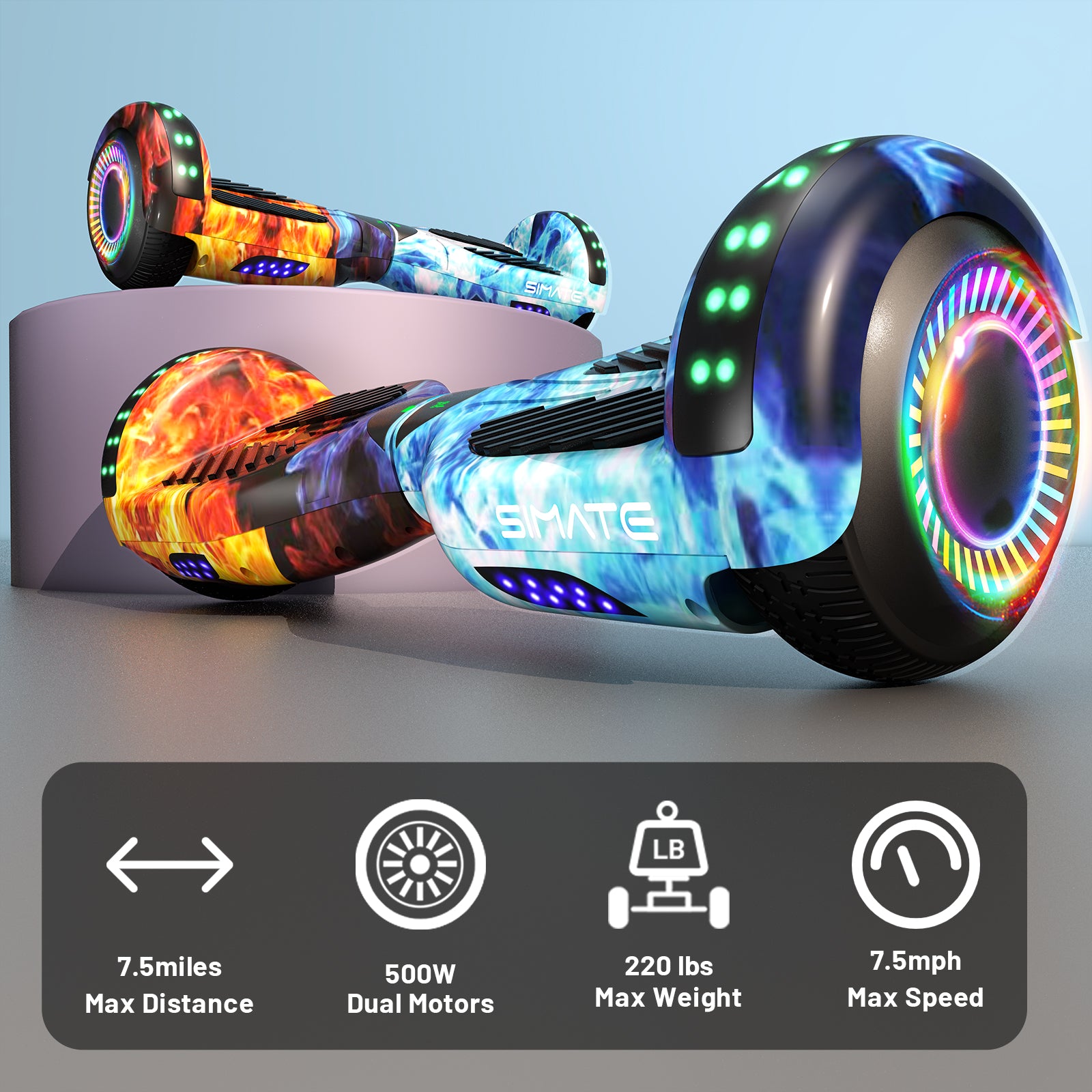 SIMATE Hoverboard 6.5" Self Balancing Electric 7.5MPH Top Speed 8 Mile Range Hover Board with Bluetooth Speakers and LED Lights for Kids Adults Girls Boys Gifts