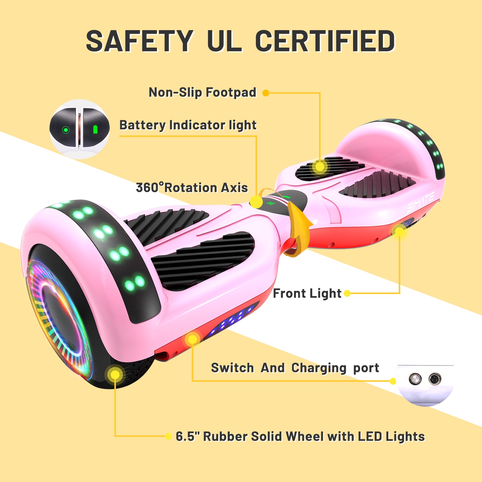 SIMATE Hoverboard 6.5" Self Balancing Electric 7.5MPH Top Speed 8 Mile Range Hover Board with Bluetooth Speakers and LED Lights for Kids Adults Girls Boys Gifts